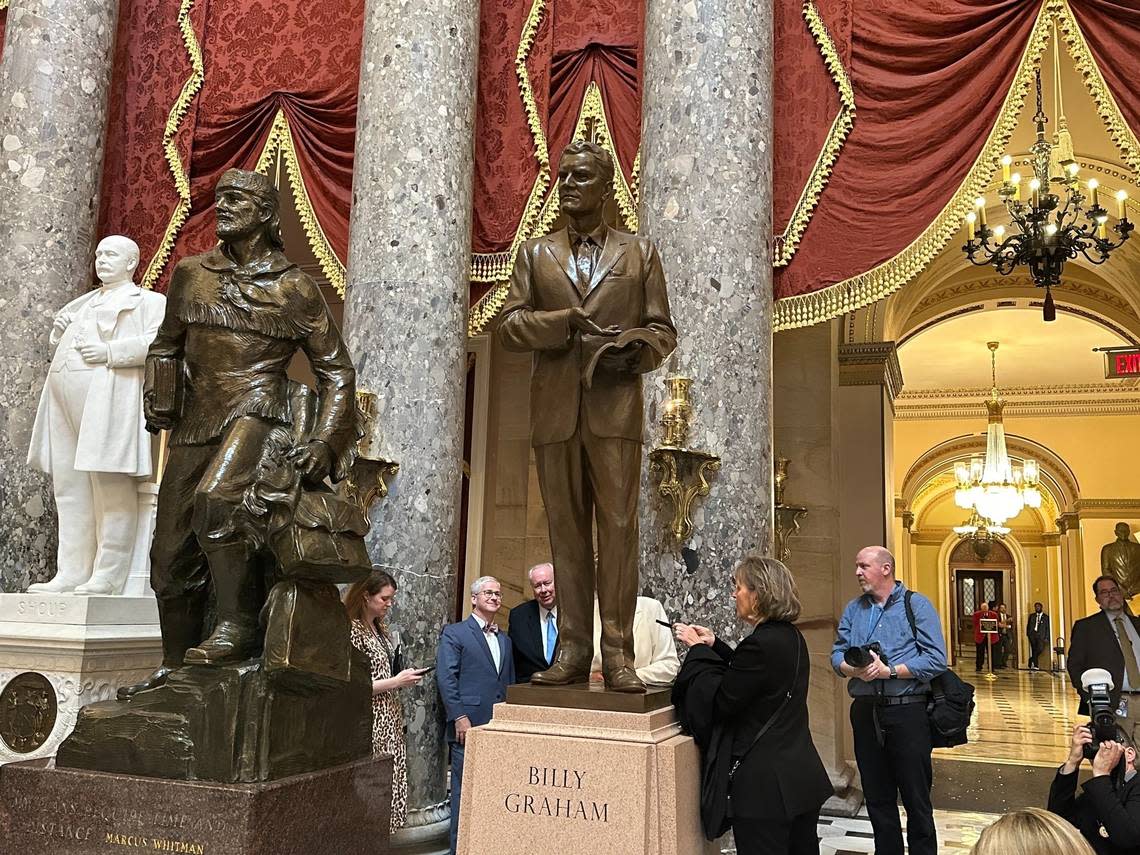 Rep. Patrick McHenry looks at the statue of Billy Graham moments after a ceremony that added Graham to the Statuary Hall Collection.