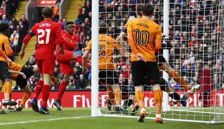 Britain Football Soccer - Liverpool v Wolverhampton Wanderers - FA Cup Fourth Round - Anfield - 28/1/17 Liverpool's Divock Origi scores their first goal Action Images via Reuters / Jason Cairnduff Livepic