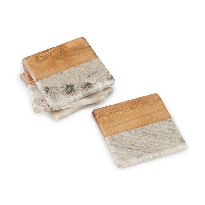 Beige Marble & Acacia Wood Square Coasters