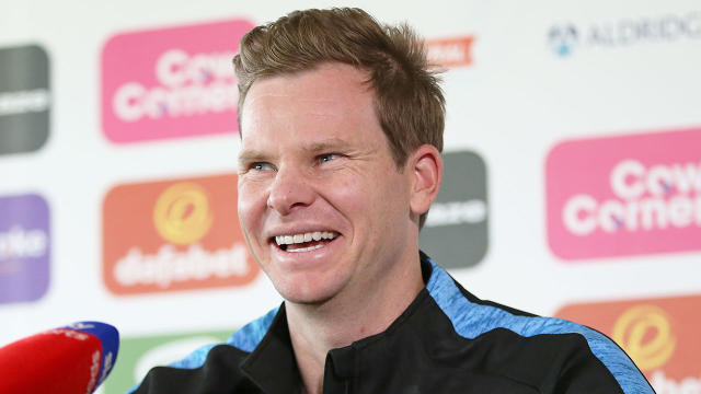 Pictured here, Aussie cricket star Steve Smith talks at a press conference.