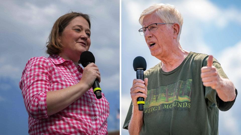 Tom Miller (right) has been Iowa's attorney general for nearly 40 years, regularly winning his races by double digits. Guthrie County Attorney Brenna Bird (left) is seeking to oust him this year.