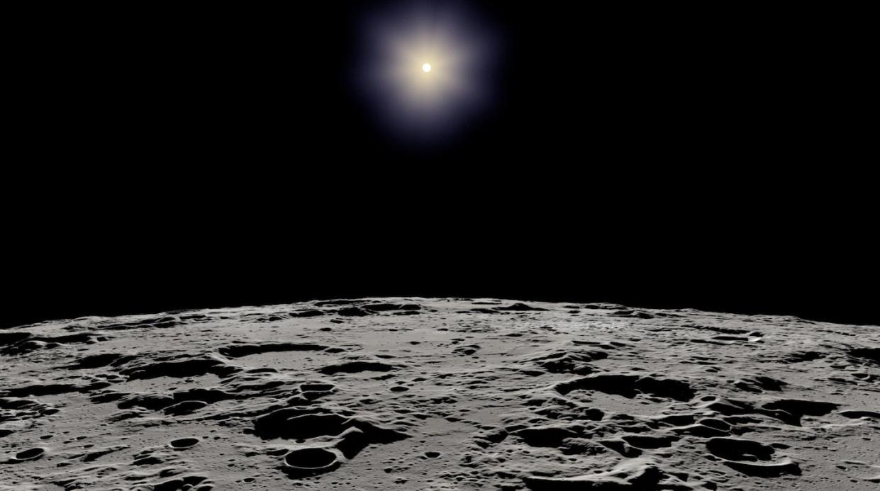 El Sol visto desde la Luna, desde Hadley Rille, el lugar de aterrizaje del Apolo 16. La topografía y las sombras son científicamente precisas. <a href="https://moon.nasa.gov/moon-in-motion/sun-moonlight/overview/" rel="nofollow noopener" target="_blank" data-ylk="slk:NASA/Ernie Wright;elm:context_link;itc:0;sec:content-canvas" class="link ">NASA/Ernie Wright</a>, <a href="http://creativecommons.org/licenses/by/4.0/" rel="nofollow noopener" target="_blank" data-ylk="slk:CC BY;elm:context_link;itc:0;sec:content-canvas" class="link ">CC BY</a>