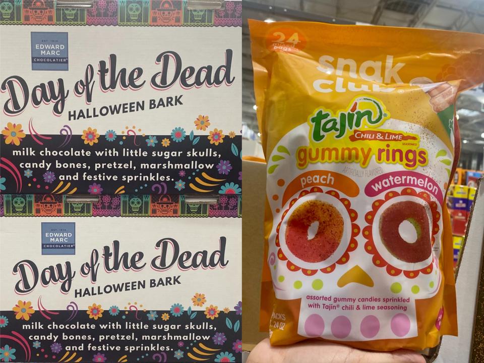 Edward Marc Day of the Dead Halloween bark; Tajin Chili & Lime Gummy Rings variety pack at Costco.