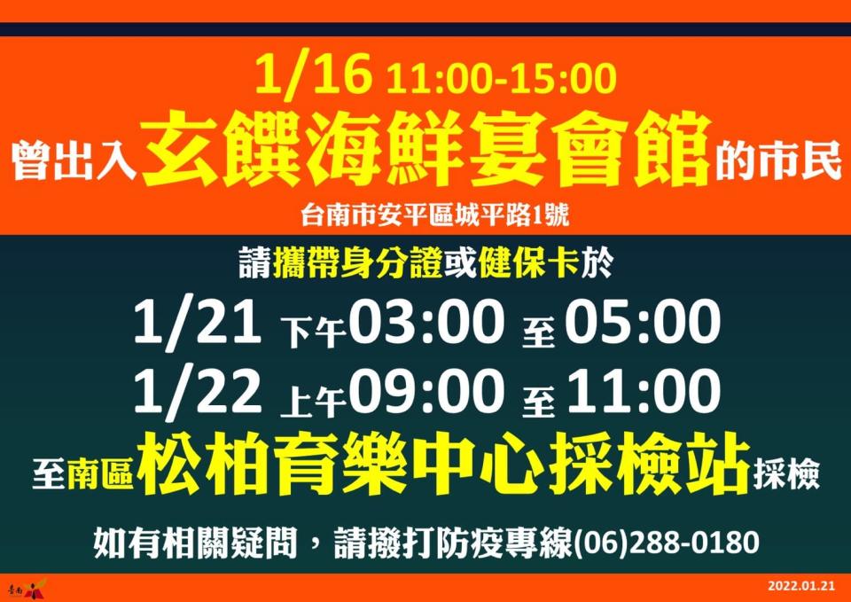 台南市府呼籲相關足跡重疊者盡速前往採檢。（圖／台南市政府）