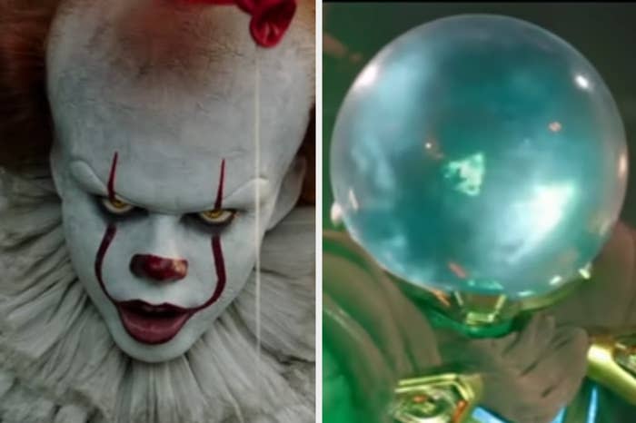Pennywise with a balloon over Its head in "It"/Mysterio charging green energy blasts in "Spider-Man: Far From Home"