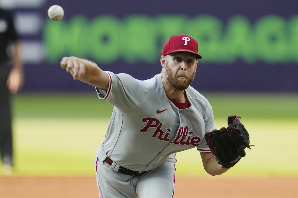 Philadelphia Phillies' Zack Wheeler pitches in the first inning of a baseball game against the Cleveland Guardians, Saturday, July 22, 2023, in Cleveland. (AP Photo/Sue Ogrocki)