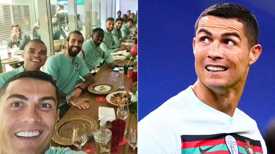 Pictured here, Cristiano Ronaldo enjoying a meal with Portugal teammates.