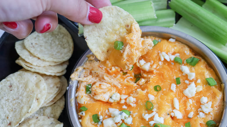 Chip in buffalo chicken dip