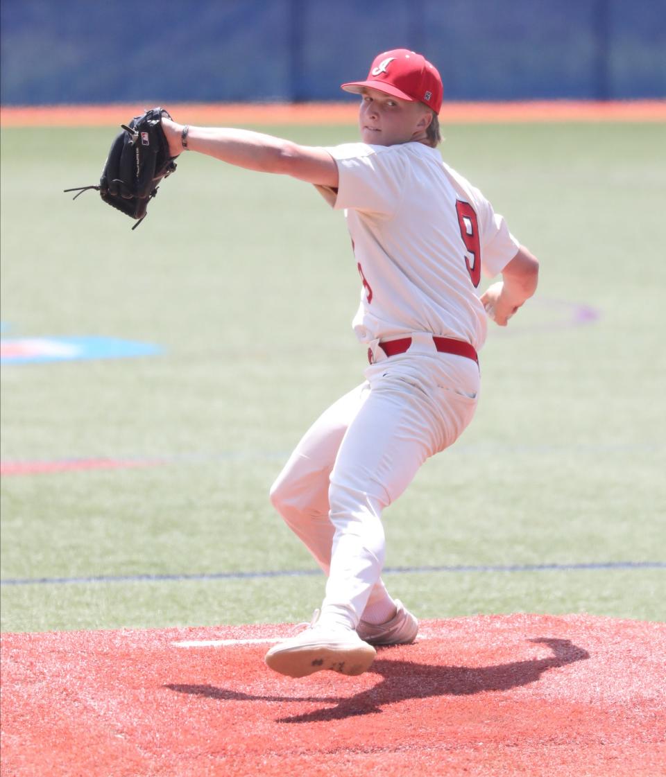 Roy C. Ketcham pitcher Ryan Mealy delivers a pitch during the Clarkstown South and Roy C. Ketcham Section One Class AA baseball championships at Purchase College in Purchase, New York, May 27, 2023. Ketcham beat Clarkstown South, 8-4 to force a championship game tomorrow. 