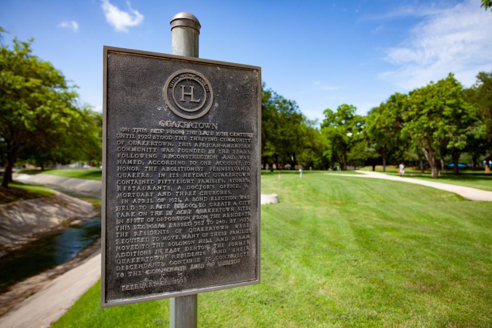 A historical marker at Denton Civic Park explains that the park was formerly the site of Quakertown.