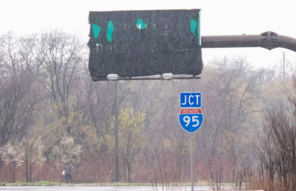 An I-95 traffic sign and access ramp on Adams Ave that drivers are being detoured to because of the temporary closure of I-95 North due to an emergency overhead bridge repair in Northeast Philadelphia on Tuesday, April 2, 2024.