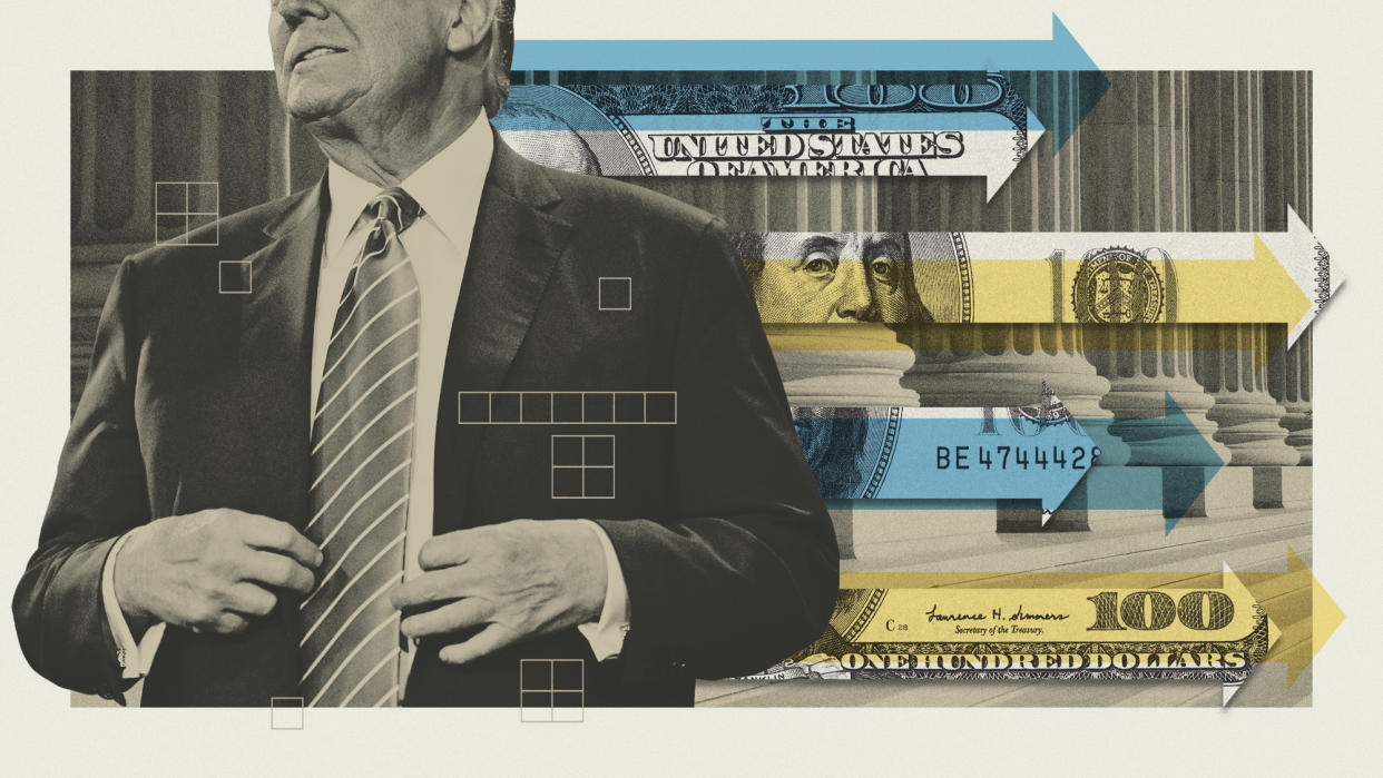  Photo composite of Donald Trump, courthouse steps and arrows made of $100 dollar bills. 