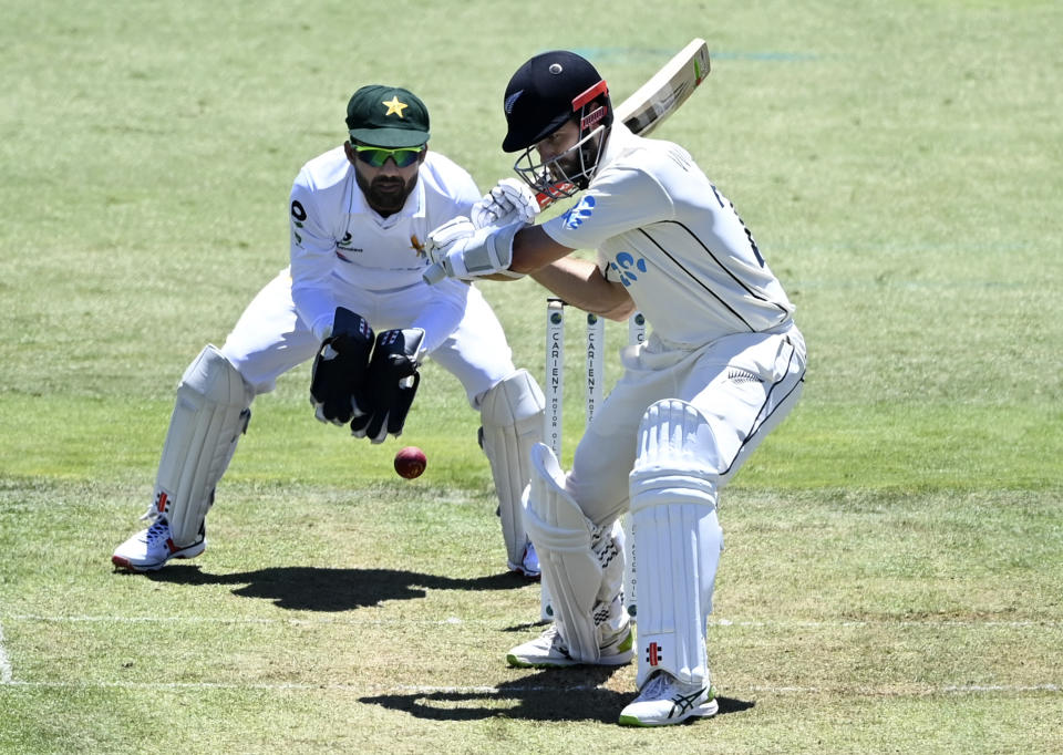 New Zealand's Kane Williamson bats during play on day one of the first cricket test between Pakistan and New Zealand at Bay Oval, Mount Maunganui, New Zealand, Saturday, Dec. 26, 2020. (Andrew Cornaga/Photosport via AP)