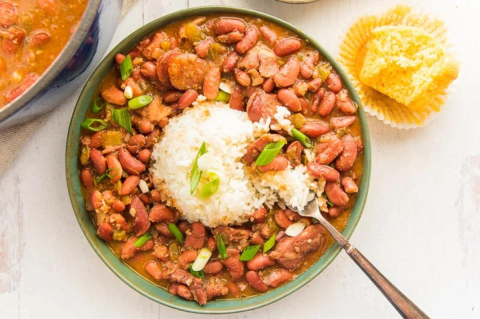 <p>Sense and Edibility</p><p>Creole Red Beans and Rice are a meal on their own. Savory beans are flavored with andouille sausage and bacon, and, of course, the Trinity.</p><p><strong>Get the recipe: <a href="https://senseandedibility.com/creole-red-beans-rice/" rel="nofollow noopener" target="_blank" data-ylk="slk:Creole Red Beans and Rice with Andouille Sausage;elm:context_link;itc:0;sec:content-canvas" class="link ">Creole Red Beans and Rice with Andouille Sausage</a></strong></p>