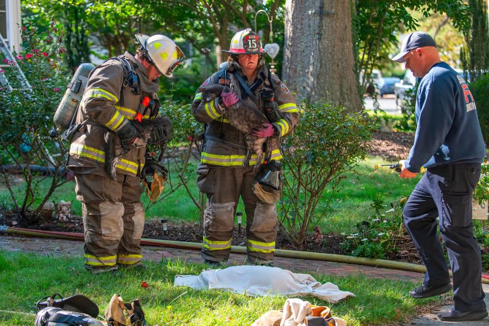 Firefighters from Salisbury, Hebron, Delmar, Fruitland and Allen responded to a major house fire on Russell Ave in Salisbury Sunday, Oct. 8, 2023. Fire crews battled the fire for about an hour before bringing it under control. Salisbury University confirmed that the home belonged to Jim Berkman, head coach of the SU men’s lacrosse team.