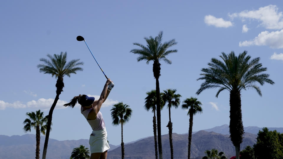 Michelle Wie watches her tee shot on the 16th hole during the first round of the LPGA Tour ANA Inspiration golf tournament at Mission Hills Country Club on Thursday, April 4, 2019, in Rancho Mirage, Calif. (AP Photo/Chris Carlson)