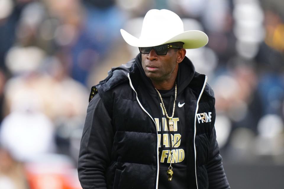 Apr 22, 2023; Boulder, CO, USA; Colorado Buffaloes head coach Deion Sanders during the first half of the spring game at Folsom Field.