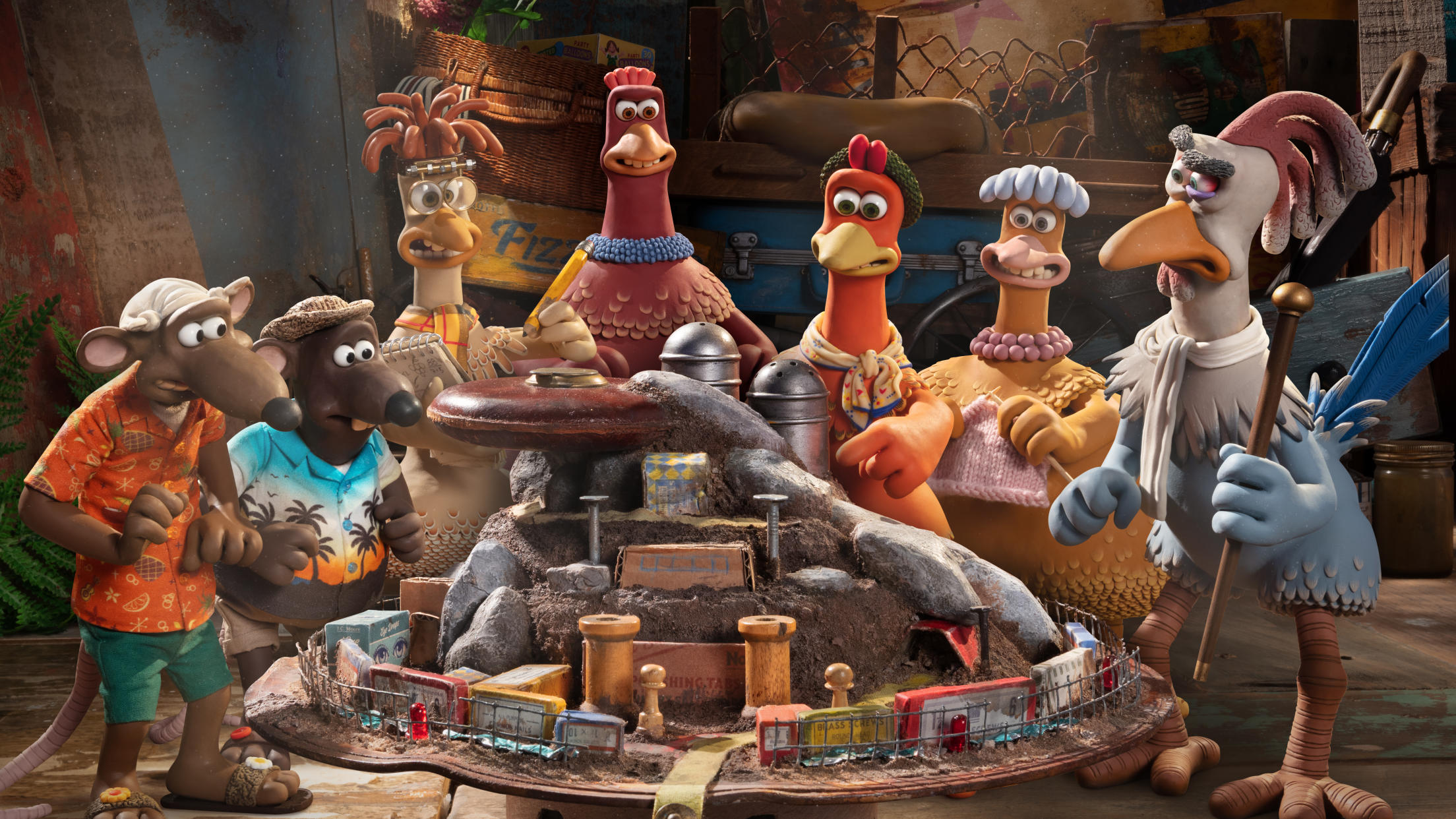 Fetcher, Nick, Mac, Bunty, Ginger, Babs and Fowler in Chicken Run: Dawn of the Nugget