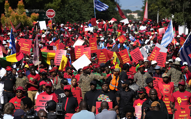 Members of the Economic Freedom Fighters marched to the French Embassy with signs asking France to leave Africa