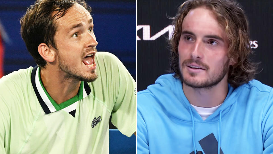 Stefanos Tsitsipas, pictured here taking a swipe at Daniil Medvedev after their Australian Open semi-final.