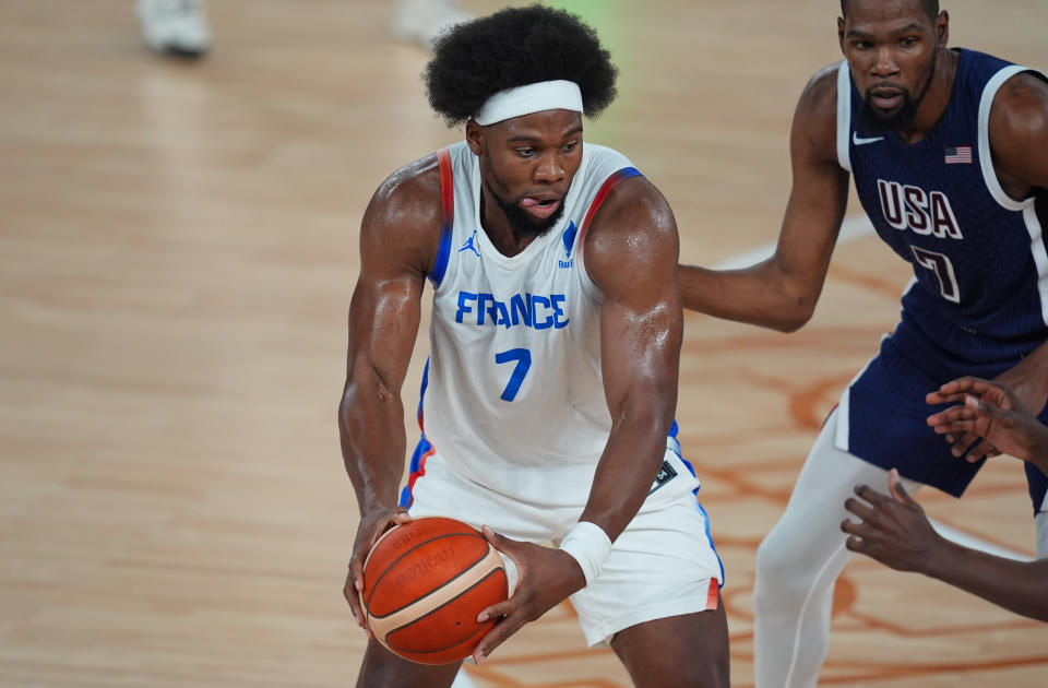 Guerschon Yabusele of France in action during Men's basketball Final between France and United States on Day 15 of the Olympic Games Paris 2024 at Bercy Arena on August 10, 2024 in Paris, France. (Photo by Ulrik Pedersen/DeFodi Images via Getty Images)