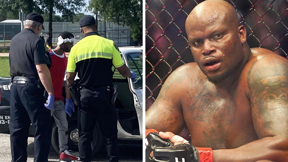 UFC heavyweight Derrick Lewis shared an image of a man being arrested, after he allegedly caught him red-handed trying to break into his car. Pictures: Instagram/Getty Images