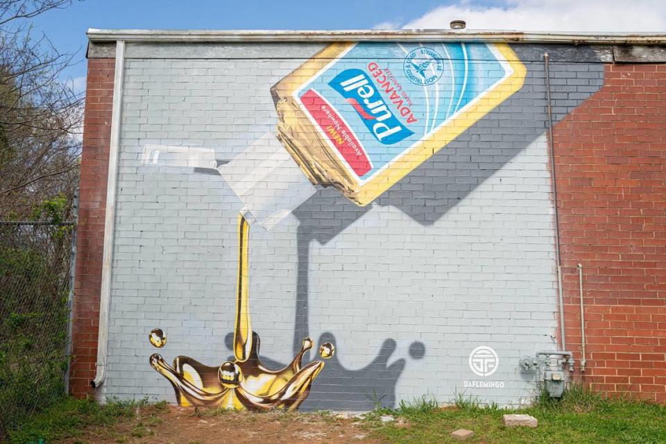 Darion Fleming’s new mural on Davidson Street near Southern Tiger Collective is of Purell hand sanitizer as gold.