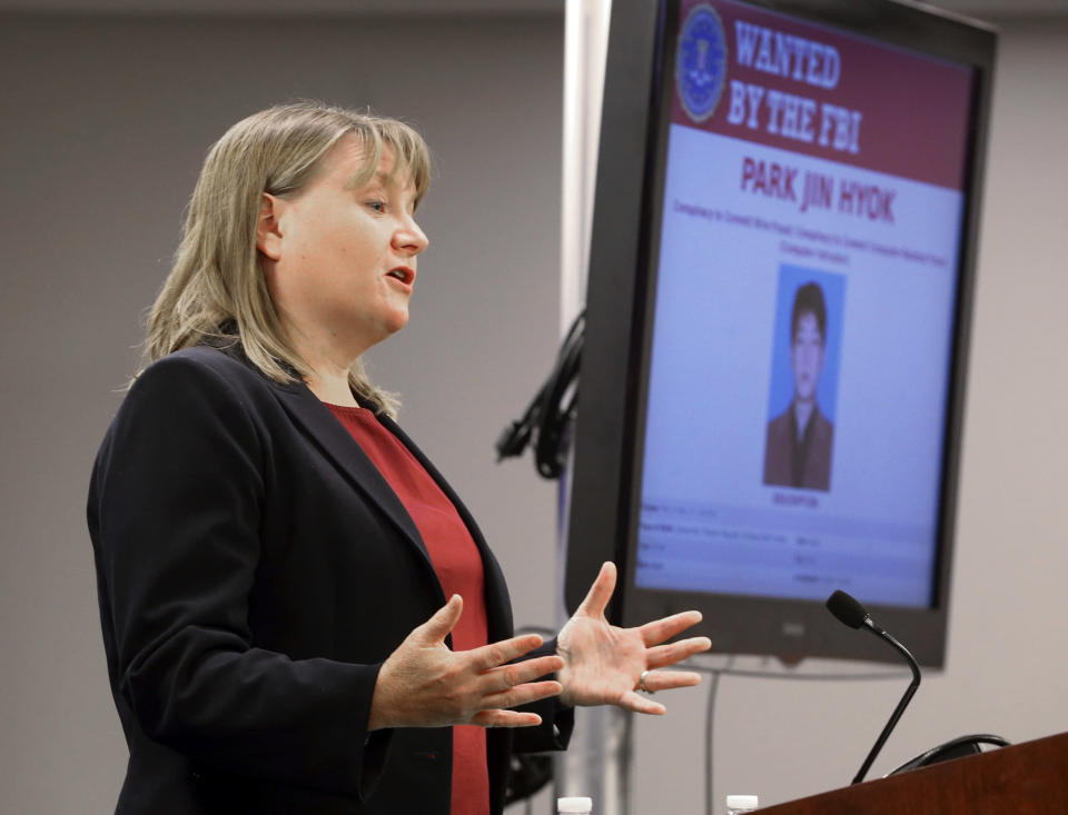 <p> United States Attorney Tracy Wilkison announces a criminal complaint being filed against Park Jin Hyok, a North Korean national accused in a series of destructive cyberattacks around the world, at a news conference in Los Angeles on Thursday, Sept. 6, 2018. The complaint alleges Park Jin Hyok, computer programmer accused of working at the behest of the North Korean government, was charged Thursday in connection with several high-profile cyberattacks, including the Sony Pictures Entertainment hack and the WannaCry ransomware virus that affected hundreds of thousands of computers worldwide. (AP Photo/Reed Saxon) </p>