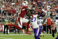 Minnesota Vikings cornerback Cameron Dantzler (27) breaks up a pass in the end zone intended for Arizona Cardinals wide receiver A.J. Green during the second half of an NFL football game, Sunday, Sept. 19, 2021, in Glendale, Ariz. (AP Photo/Rick Scuteri)