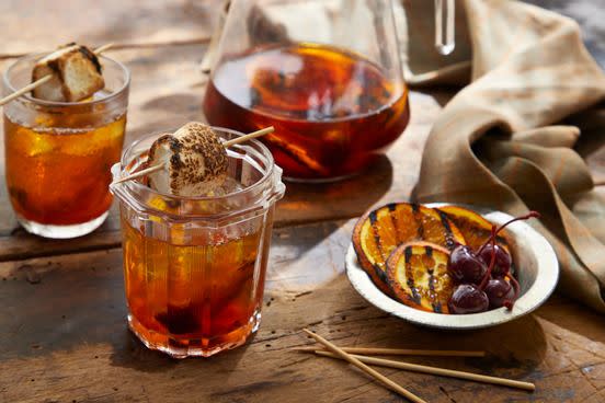 bourbon cocktail with a toasted marshmallow garnish