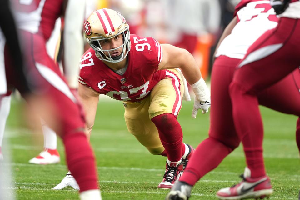 San Francisco defensive end Nick Bosa led the NFL in sacks this season with 18 1/2.