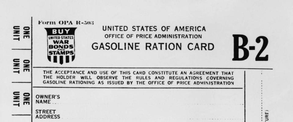 Gasoline ration card B2 for American workers who needed extra gasoline during World War 2. There were A, B1, B2, and B3 cards issued by rationing authorities from 1942-1945.