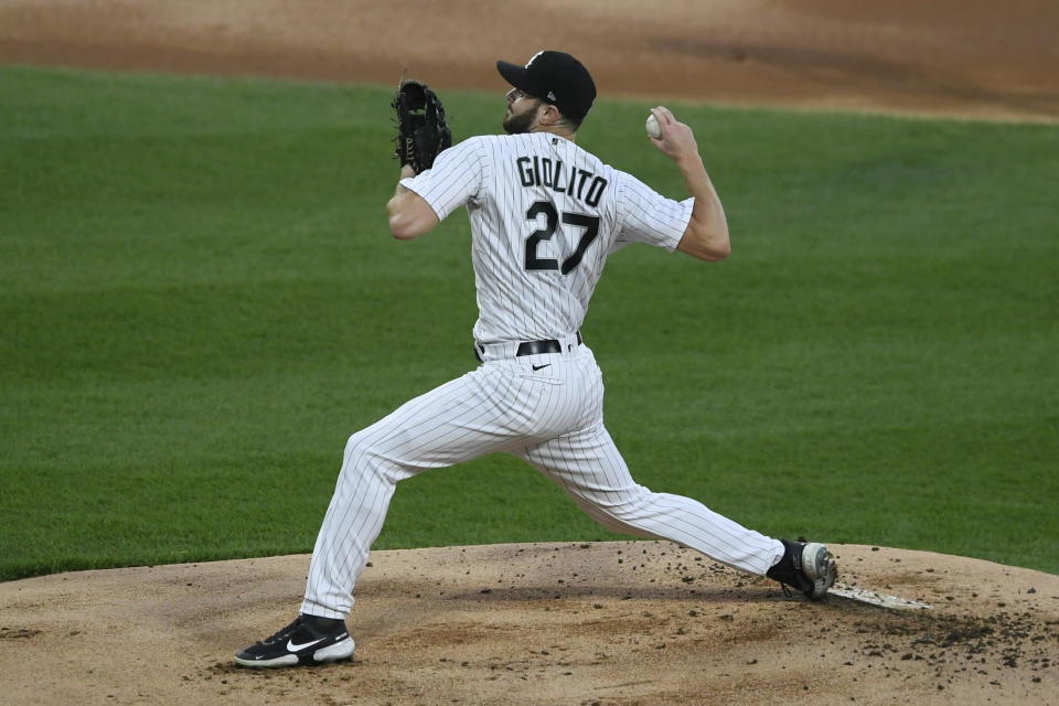 Chicago White Sox starter Lucas Giolito delivers a pitch during the first inning of a baseball game against the Cleveland Indians Tuesday, April 13, 2021, in Chicago. (AP Photo/Paul Beaty)