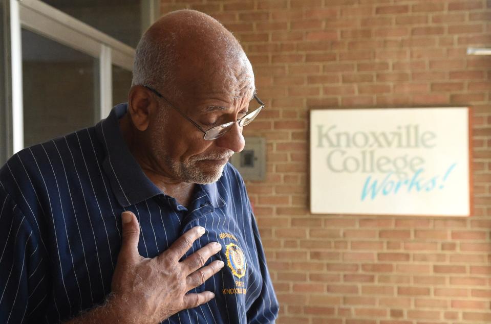 Bob Booker reminisces in the lobby of Knoxville College's library on Sept. 8, 2015.