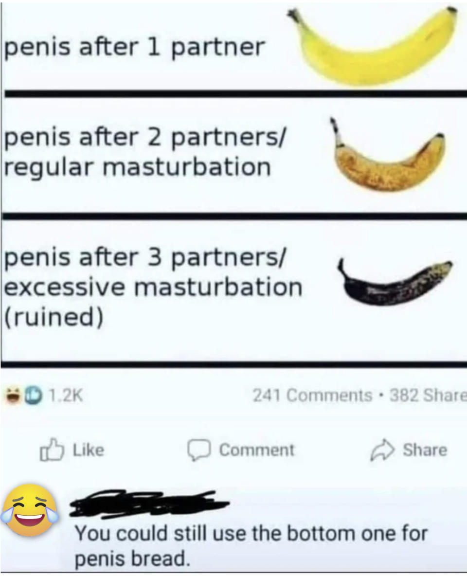 Diagram of bananas used to illustrate penises and text at the bottom reads, "You could still use the bottom one for penis bread."