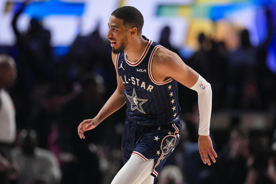 Indiana Pacers guard Tyrese Haliburton (0) plays during the first half of an NBA All-Star basketball game in Indianapolis, Sunday, Feb. 18, 2024. (AP Photo/Darron Cummings)