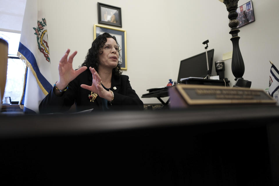 West Virginia state Sen. Patricia Rucker, R-Jefferson, talks in her office at the Capitol in Charleston, W.Va., on Wednesday, Jan. 25, 2024. West Virginia has the least amount of female state legislators.(AP Photo/Chris Jackson)