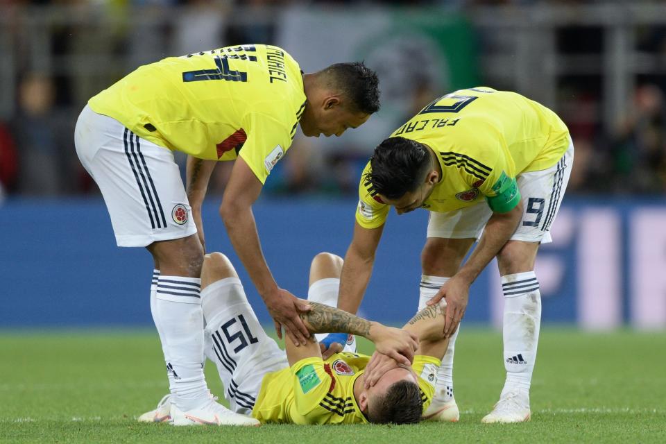 <p>Colombia’s midfielder Mateus Uribe lies on the ground after the penalty shootout at the end of the Russia 2018 World Cup round of 16 football match between Colombia and England at the Spartak Stadium in Moscow on July 3, 2018. (Photo by Juan Mabromata / AFP) </p>