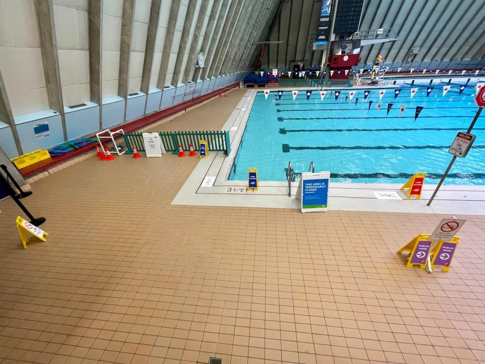 Barricades and signs have been put up at the Vancouver Aquatic Centre to keep people out of the east deck and pool area.