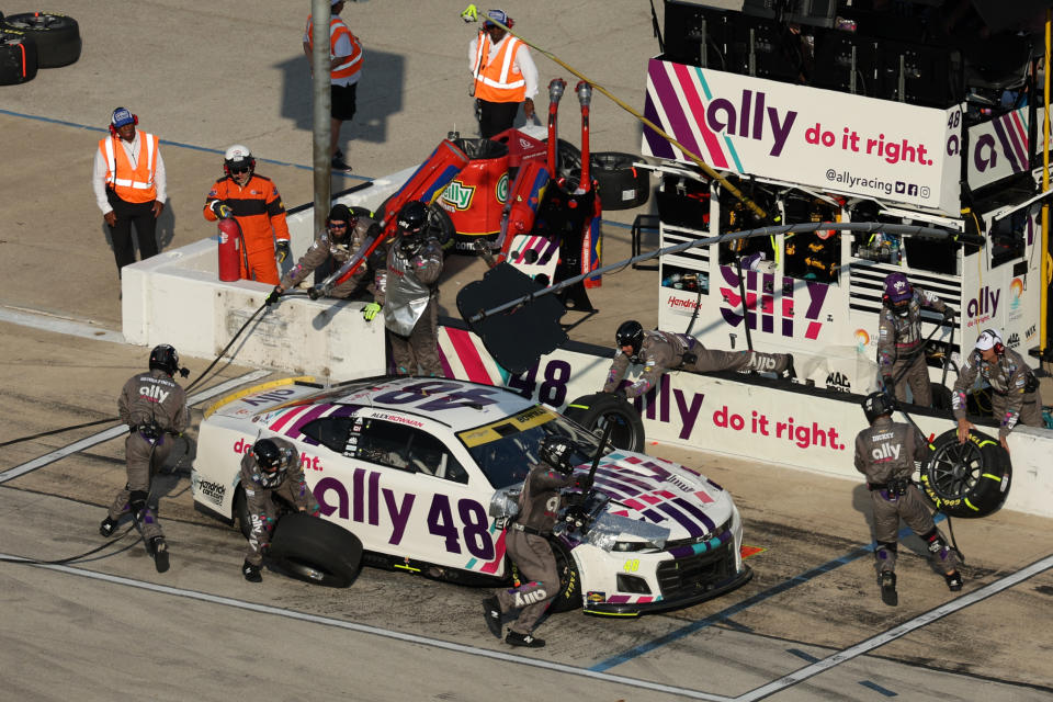 FORT WORTH, TEXAS - SEPTEMBER 25: Alex Bowman, driver of the #48 Ally Chevrolet, pits during the NASCAR Cup Series Auto Trader EchoPark Automotive 500 at Texas Motor Speedway on September 25, 2022 in Fort Worth, Texas. (Photo by James Gilbert/Getty Images)