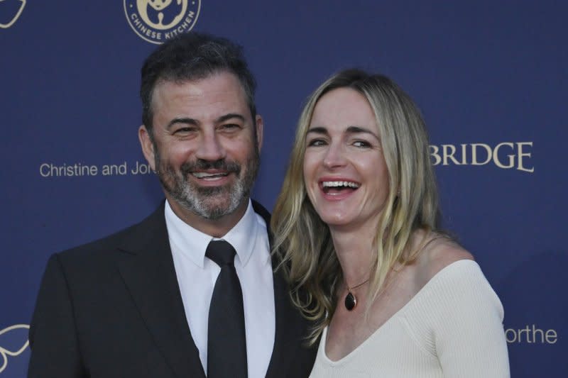 Jimmy Kimmel (L), pictured with wife Molly McNearney, announced that their son Billy, 7, successfully underwent a third open heart surgery. File Photo by Jim Ruymen/UPI