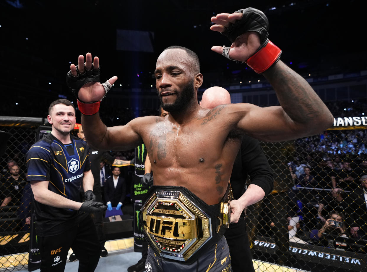LONDON, ENGLAND - MARCH 18: Leon Edwards of Jamaica reacts after defeating Kamaru Usman of Nigeria in the UFC welterweight championship fight during the UFC 286 event at The O2 Arena on March 18, 2023 in London, England. (Photo by Jeff Bottari/Zuffa LLC via Getty Images)