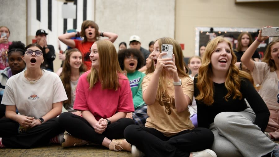 Central High Students learning they’ll receive free Kelsea Ballerini concert tickets (Courtesy of Knox County Schools).