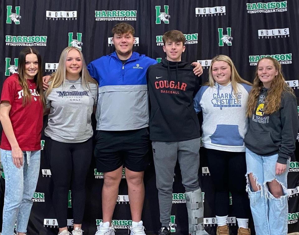 Harrison High School celebrated its Feb. 2 National Signing Day for the following athletes, from left: Lana Price, soccer, Indiana University East; Abbey Coyle, golf, Montreat College; Zach Halusek, football, Thomas More University; Cade Combs, baseball, Indiana University Kokomo; Rylee Kirkwood, softball, Clark State; and Alyssa Perry, golf, Mount St. Joseph.