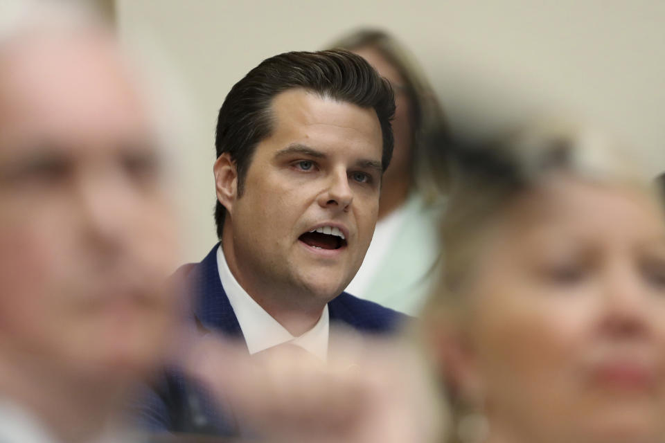 FILE - In this July 24, 2019, file photo, Rep. Matt Gaetz, R-Fla., asks questions of former special counsel Robert Mueller as he testifies before the House Judiciary on Capitol Hill, in Washington. Gaetz is an unabashed supporter of President Donald Trump, defending him on the impeachment inquiry, the investigation into Russia meddling in U.S. elections and other issues. (AP Photo/Andrew Harnik, File)