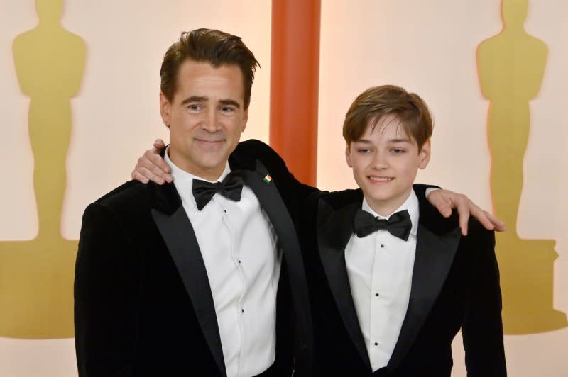 Colin Farrell (L) and Henry Tadeusz attend the Academy Awards at the Dolby Theatre in Hollywood in 2023. File Photo by Jim Ruymen/UPI