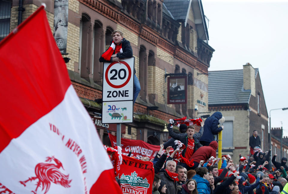 <p>Soccer Football – Champions League Quarter Final First Leg – Liverpool vs Manchester City – Anfield, Liverpool, Britain – April 4, 2018 Liverpool fans outside the stadium before the match Action Images via Reuters/Carl Recine </p>