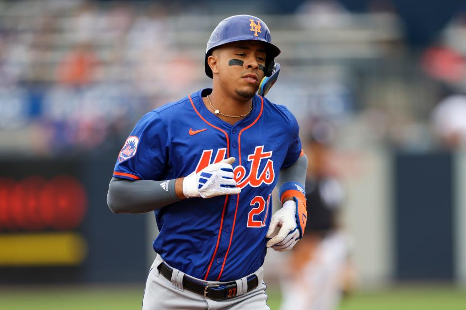 New York Mets designated hitter Mark Vientos (27) runs the bases after hitting a two run home run against the New York Yankees in the second inning on March 22, 2024, at George M. Steinbrenner Field in Tampa, Fla.
