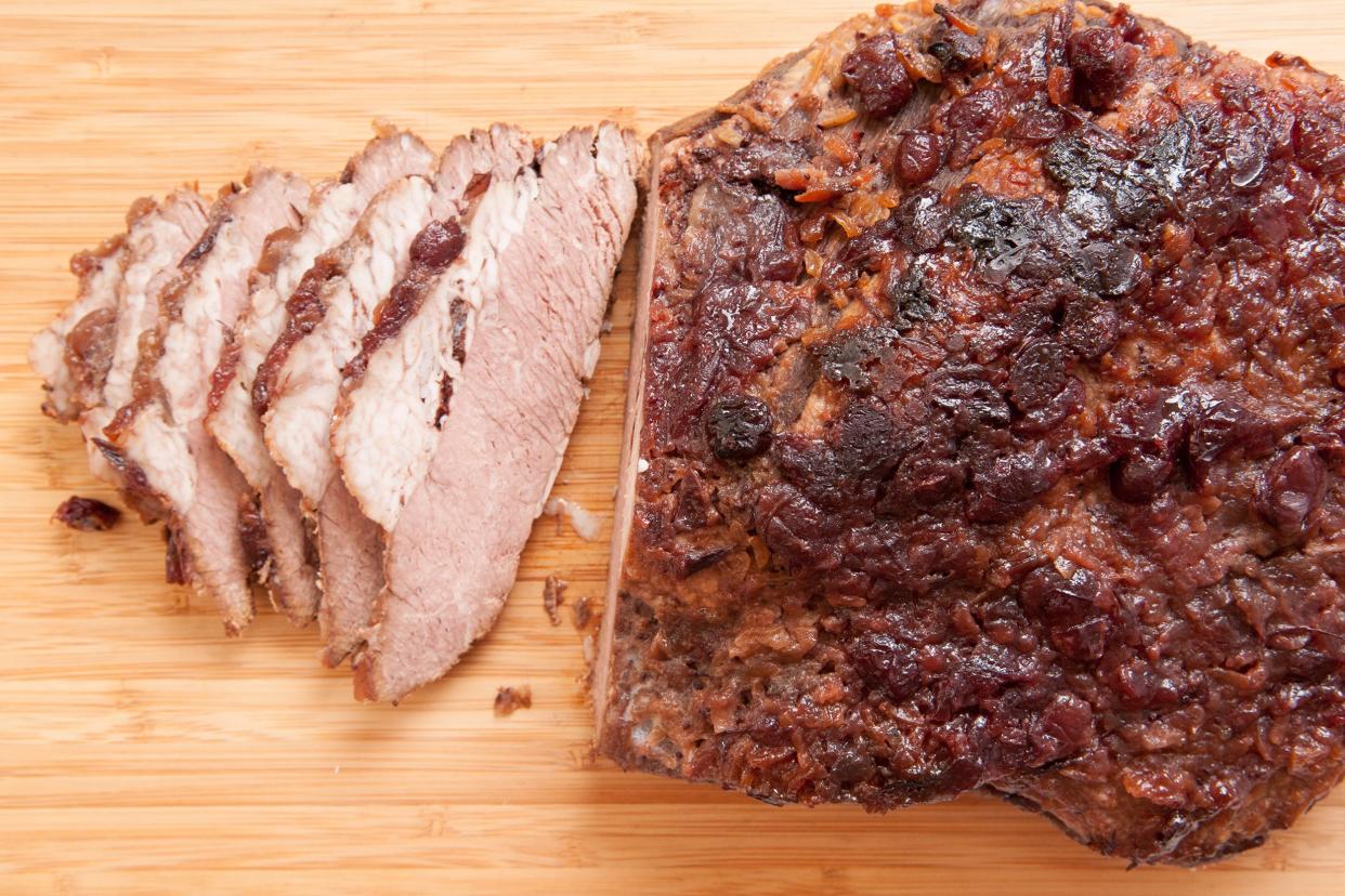 Sliced brisket on a cutting board