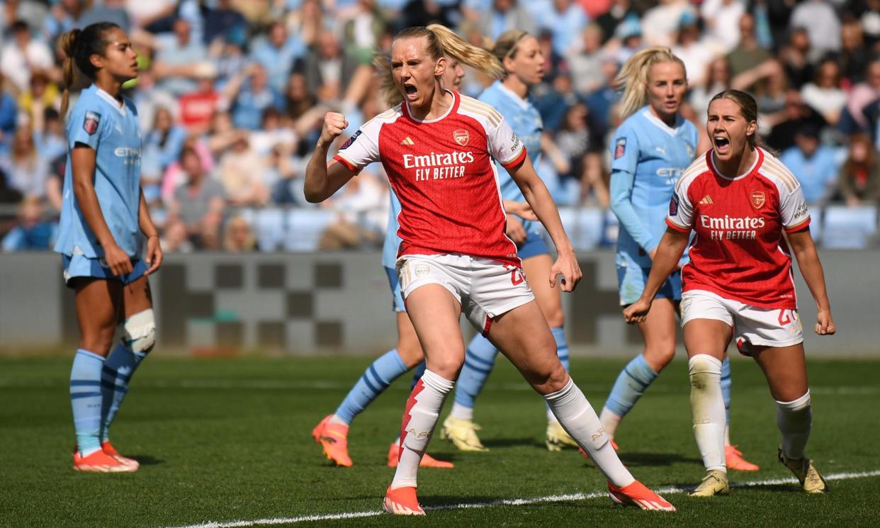 <span>Stina Blackstenius celebrates scoring Arsenal’s equaliser.</span><span>Photograph: Alex Burstow/Arsenal FC/Getty Images</span>